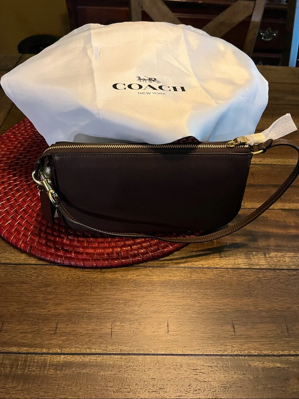 Coach Dark Brown Leather Shoulder Bag with Gold Logo